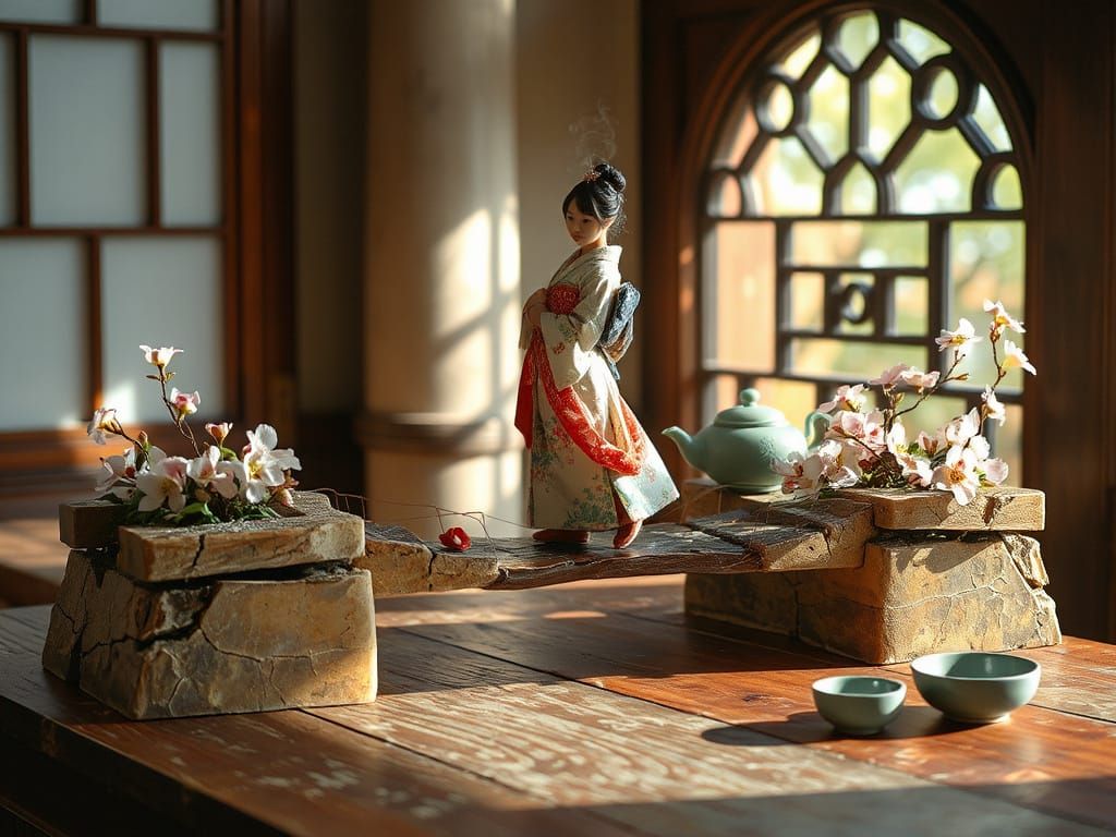Traditional Japanese Woman on a Fractured Kintsugi Bridge