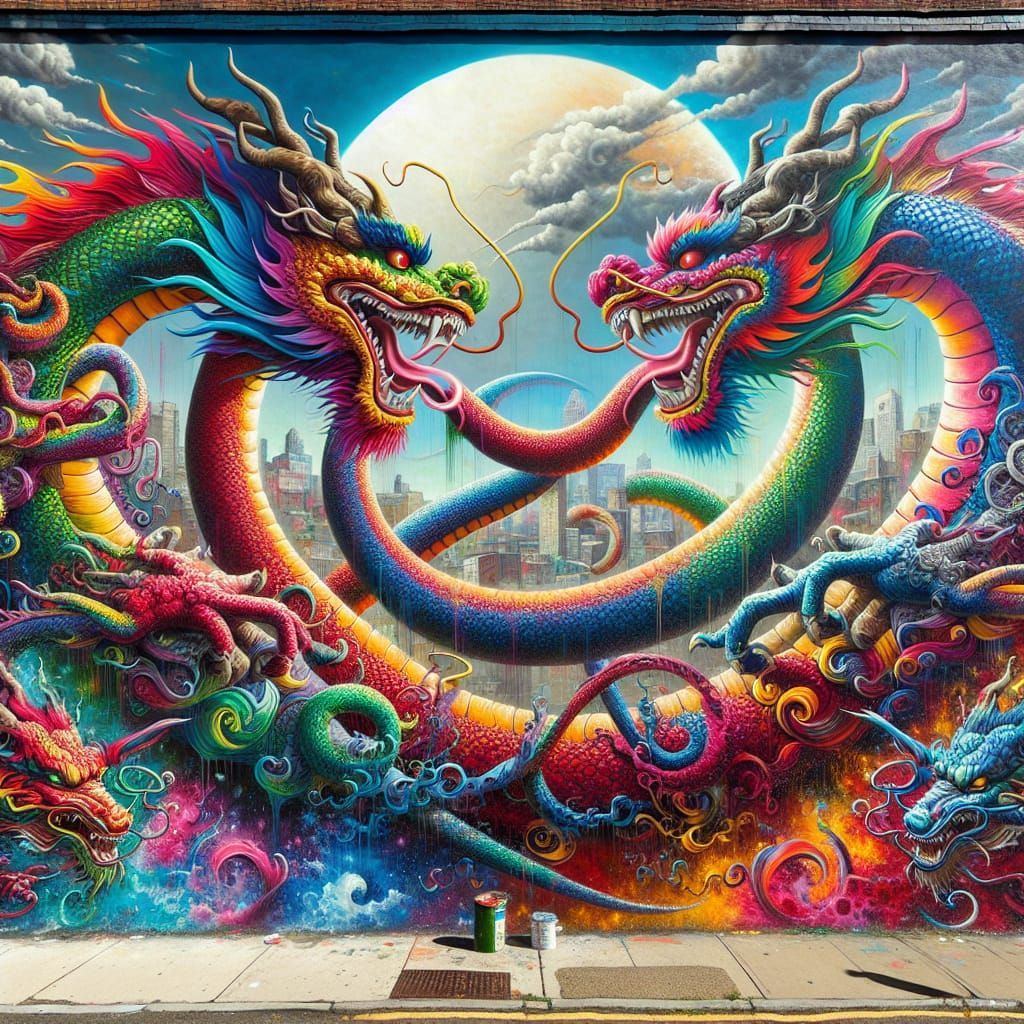 Vibrant Dragons in Infinite Loop: Imaginative Street Art