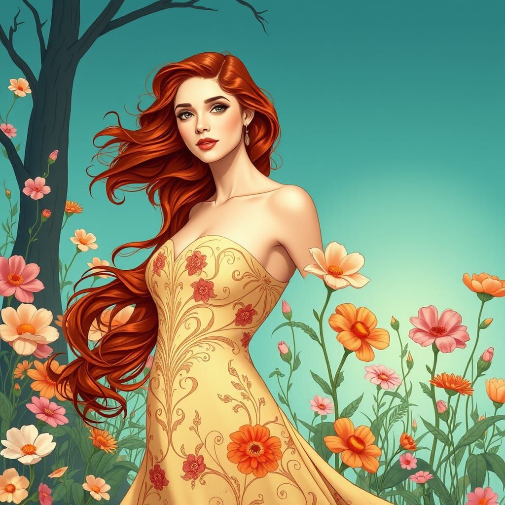 Elegant Woman in Art Nouveau Garden Landscape