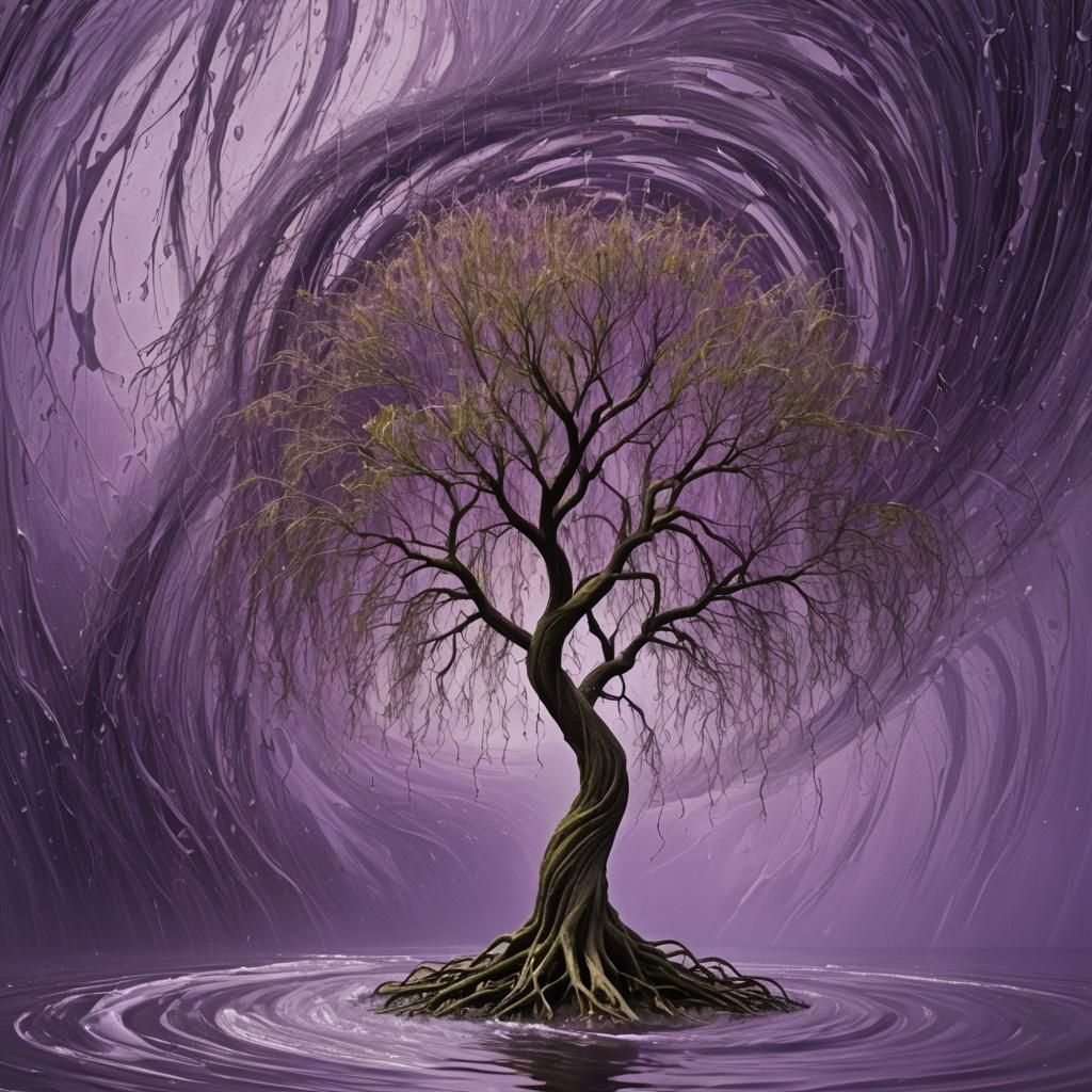 Surreal Willow Tree Trapped in Purple Hurricane