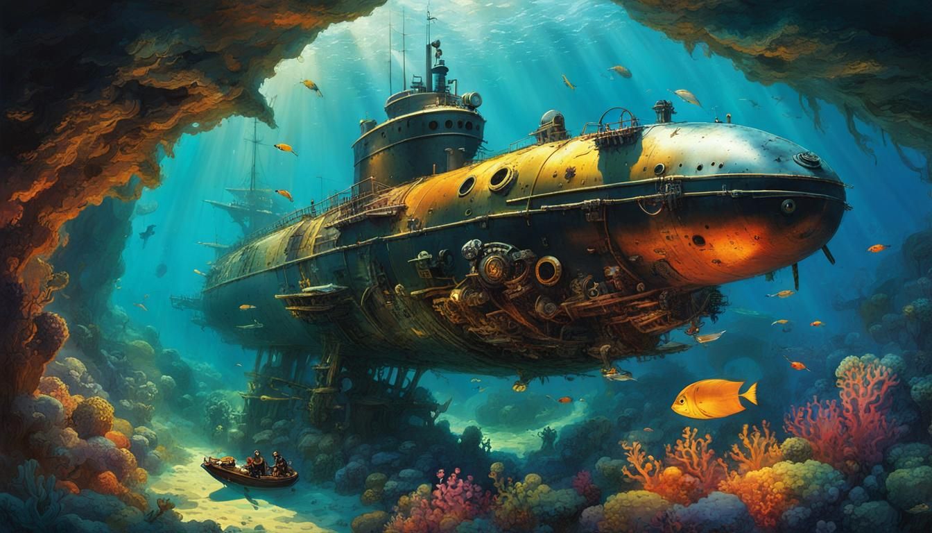 Nautilus Submarine Investigates Pirate Wreck in Comic Art