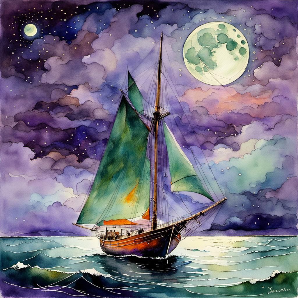 Sailboat in Starry Night Watercolor Painting
