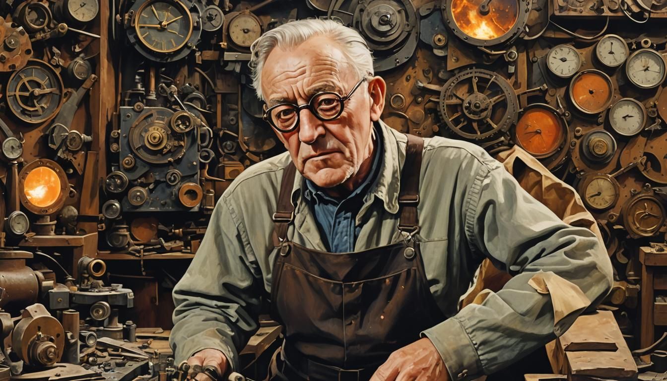 Clockmaker in Workshop with Flying Embers