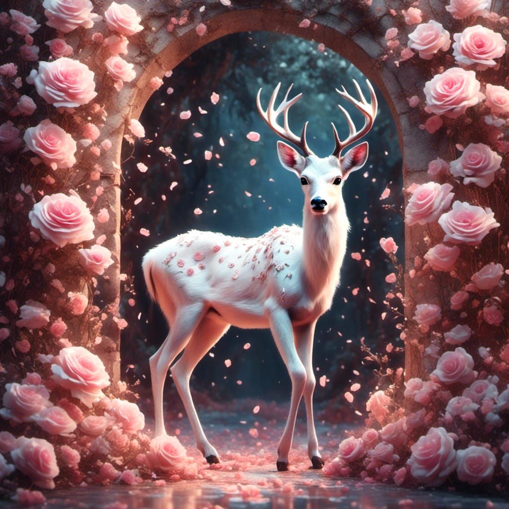 White Deer in Rose Archway: Hyperrealistic Digital Art