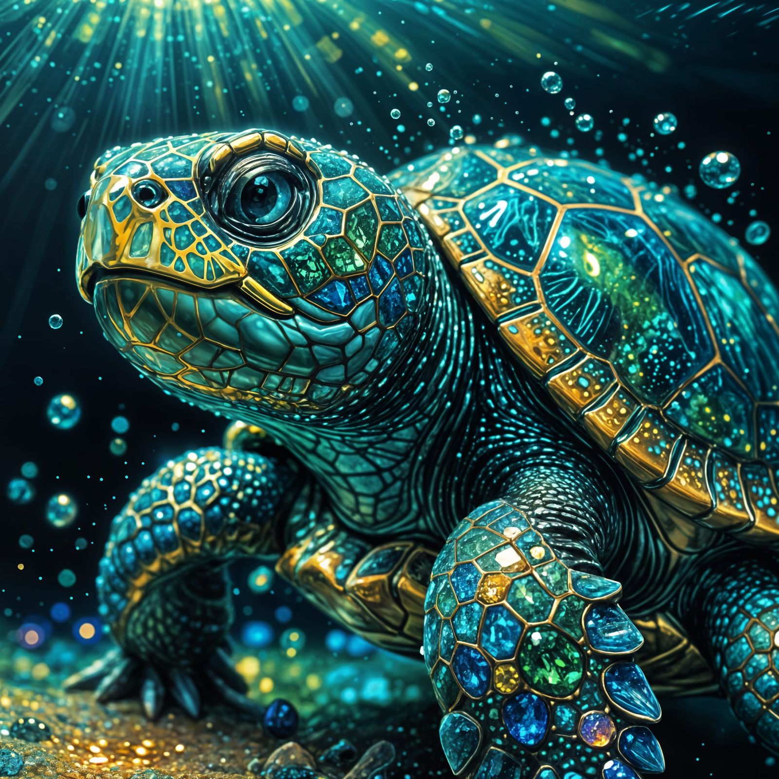 Gemstone Turtle Swimming: Pointillist Acrylic Art