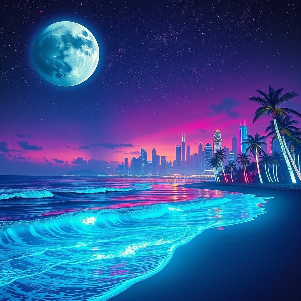 Cyberpunk Dreamscape: Glowing Waves and Neon Palm Trees Unde...