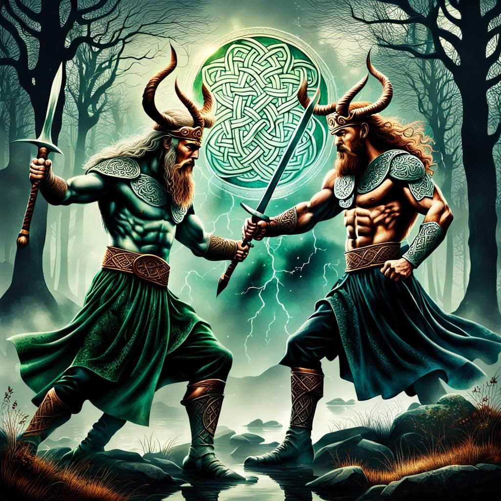 Epic Clash of Celtic Gods in Mystical Realm