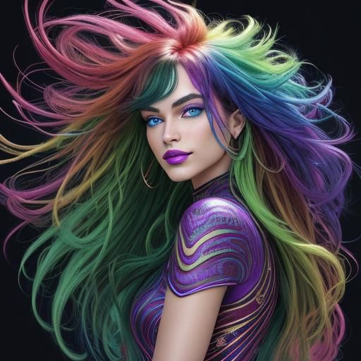 Stunning Woman with Rainbow Peacock Feathers, Digital Art