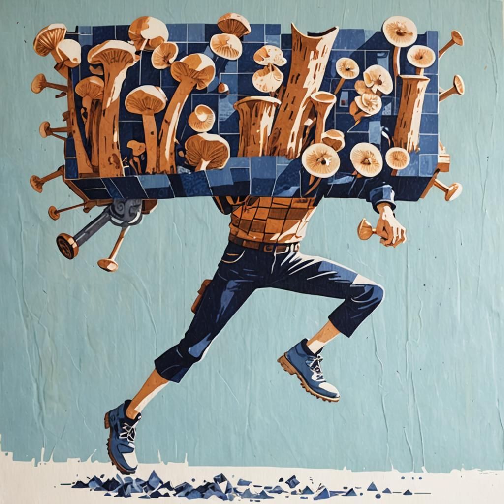 Activists Tending Mushrooms in Linocut Collage Style