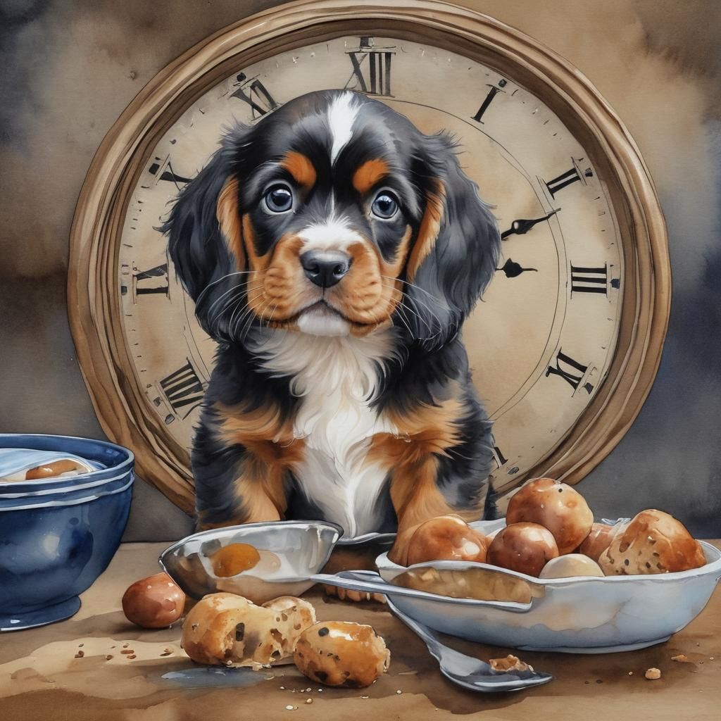 Watercolor Puppy Begs Near Clock for Food