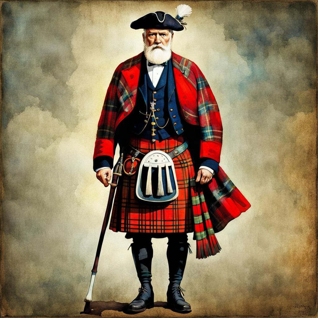 Glowing Scotsman in Tartan Kilt: Watercolor Portrait