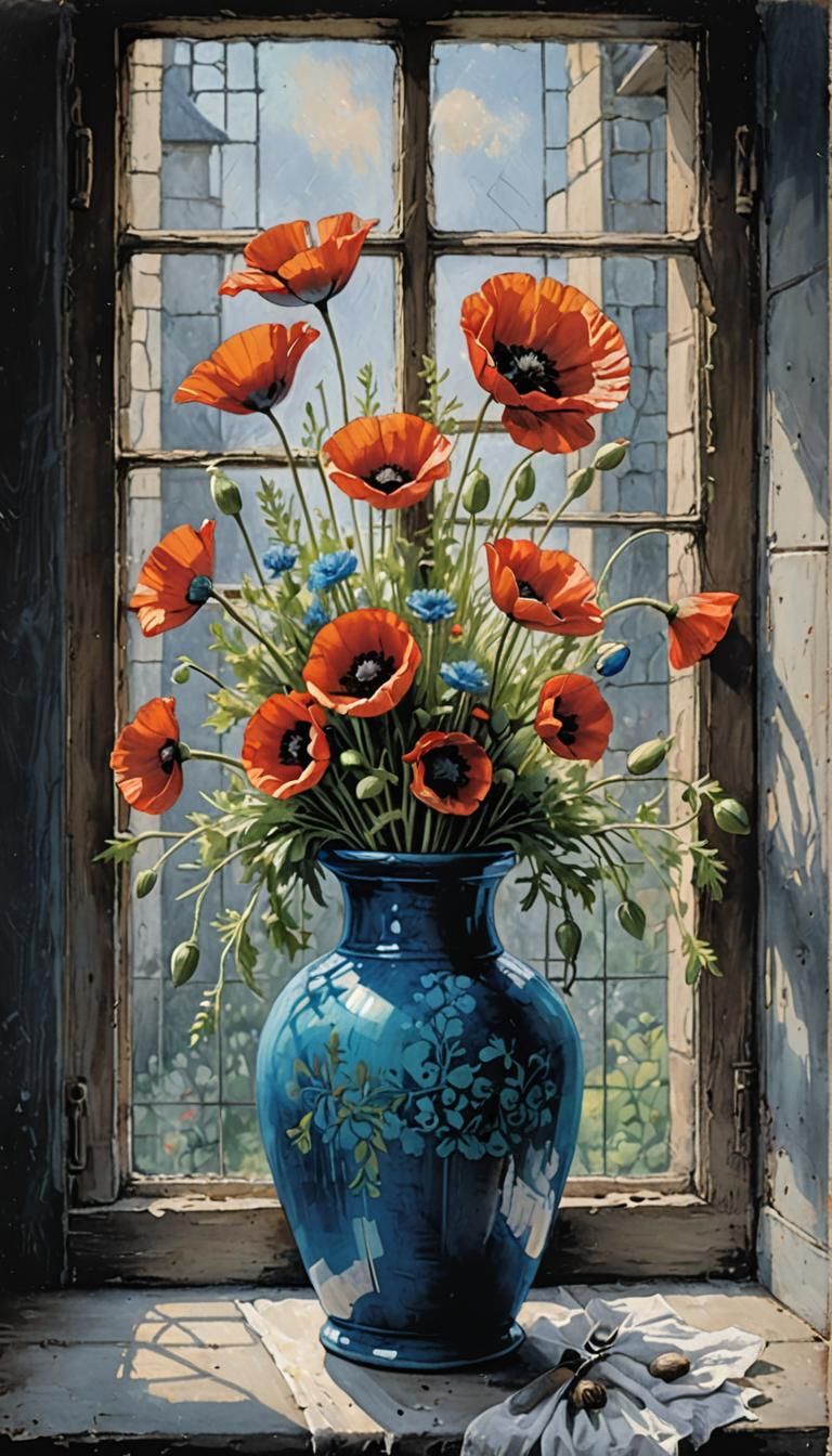 Poppies and Herbs in Vase, Oil Pastel Chalk Art