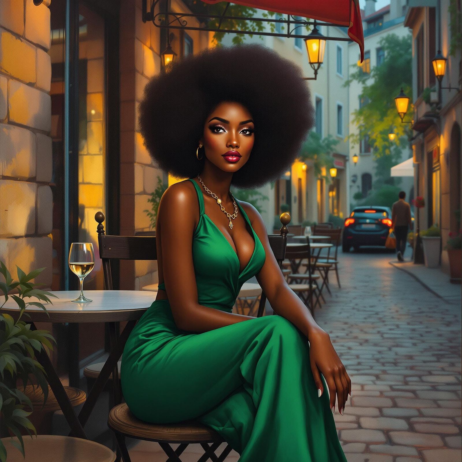 Elegant Woman at Cobblestone Cafe, in Impressionistic Style