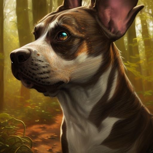 Hyperrealistic Brindle Dog Portrait in Sunlit Woods