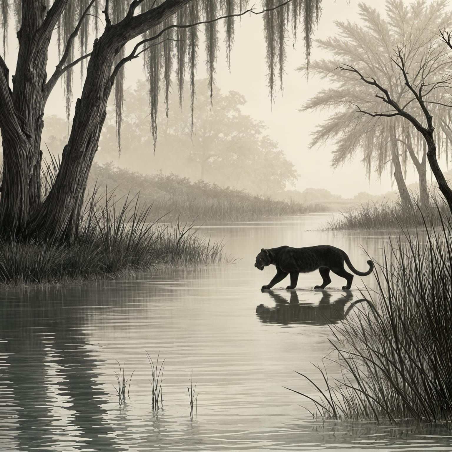 Florida Panther Family Drinks at Misty Pond in Japanese Ink ...