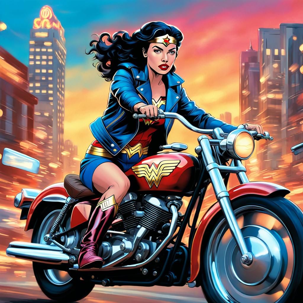 Wonder Woman on Motorcycle, Retro Comic Art