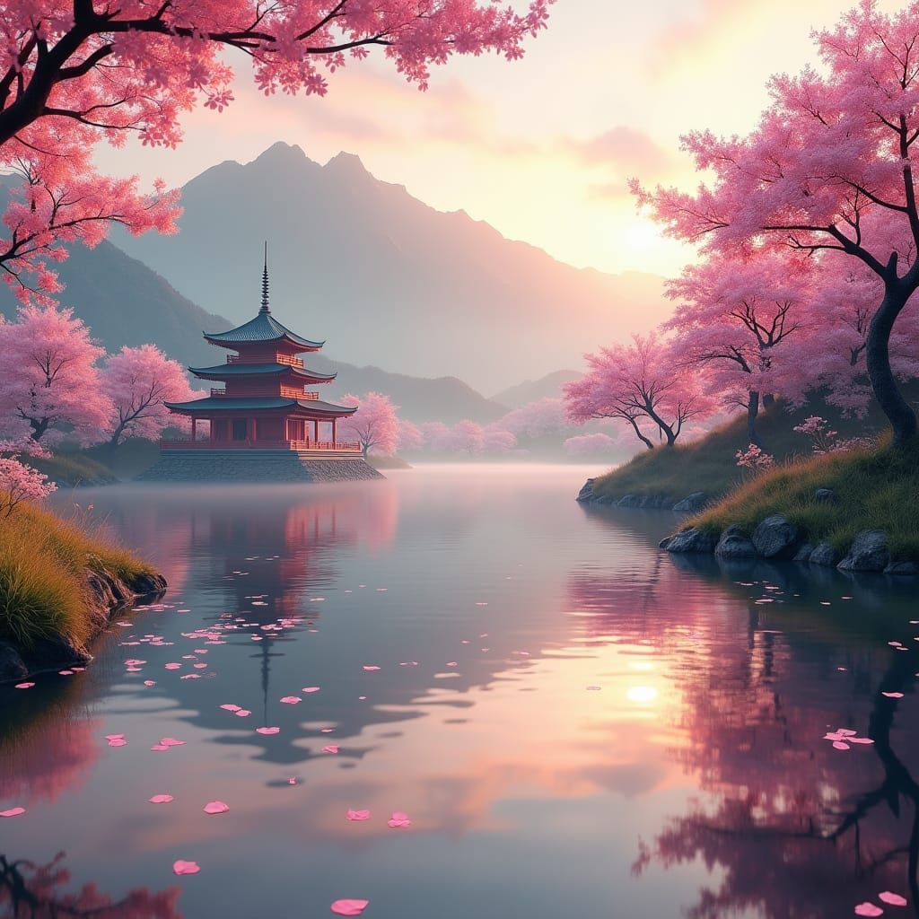 Sakura Trees Reflect in Lake: Matte Painting