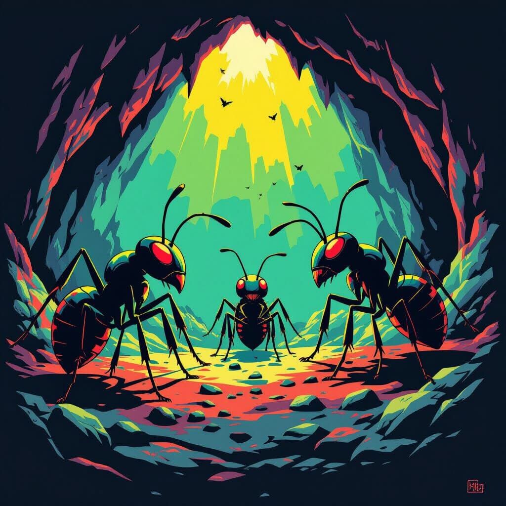 Giant Ants Plan World Conquest in Cave, Pop Art Style