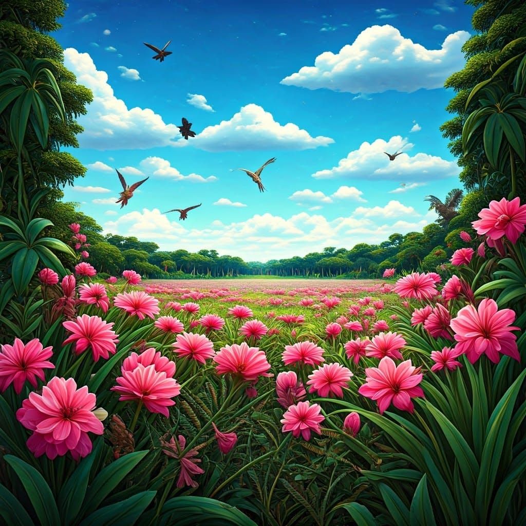 Lush Landscape with Pink Flowers, Astral Illustration