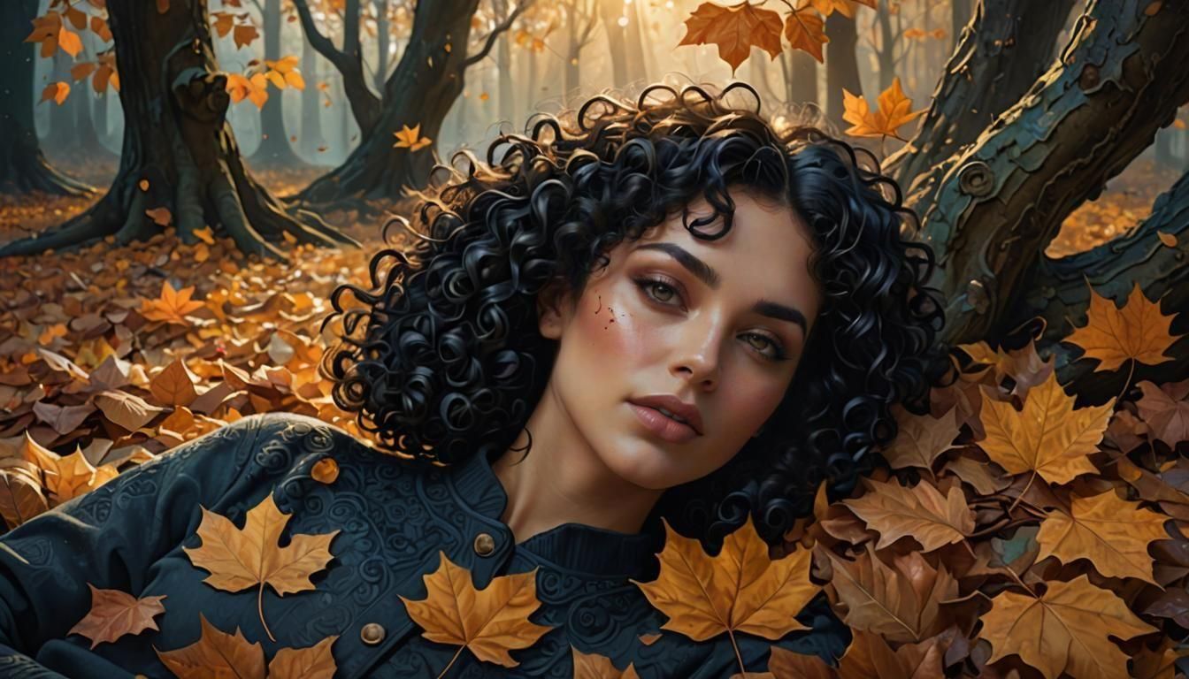 Woman in Autumn Leaves: Detailed Matte Painting
