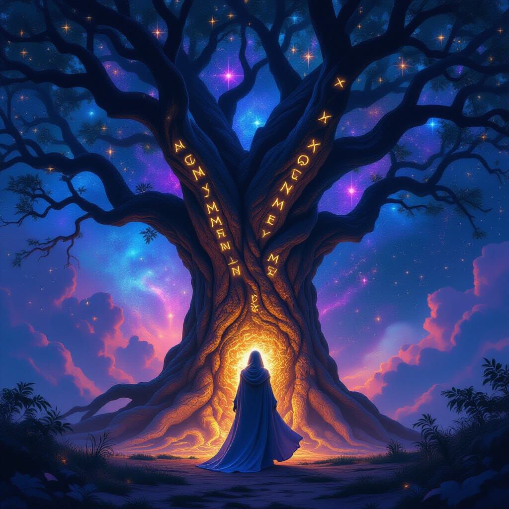 Ancient Cosmic Tree in Nebula with Ethereal Woman