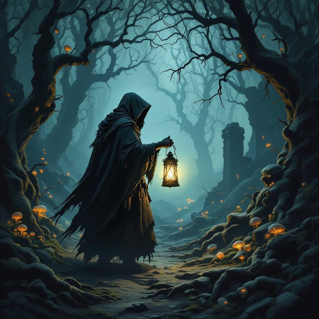 Mysterious Traveler in Dark Fantasy Forest