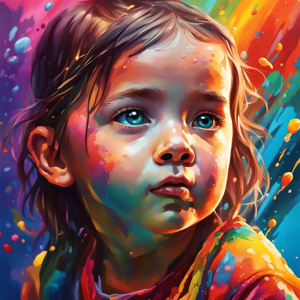 Colorful Little Girl: Hyperrealistic Splash Art Portrait