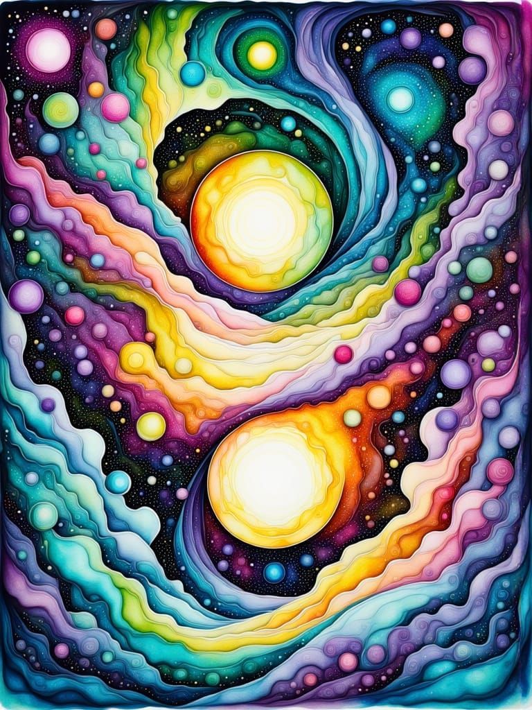 Binary Sun System in Watercolor and Ink