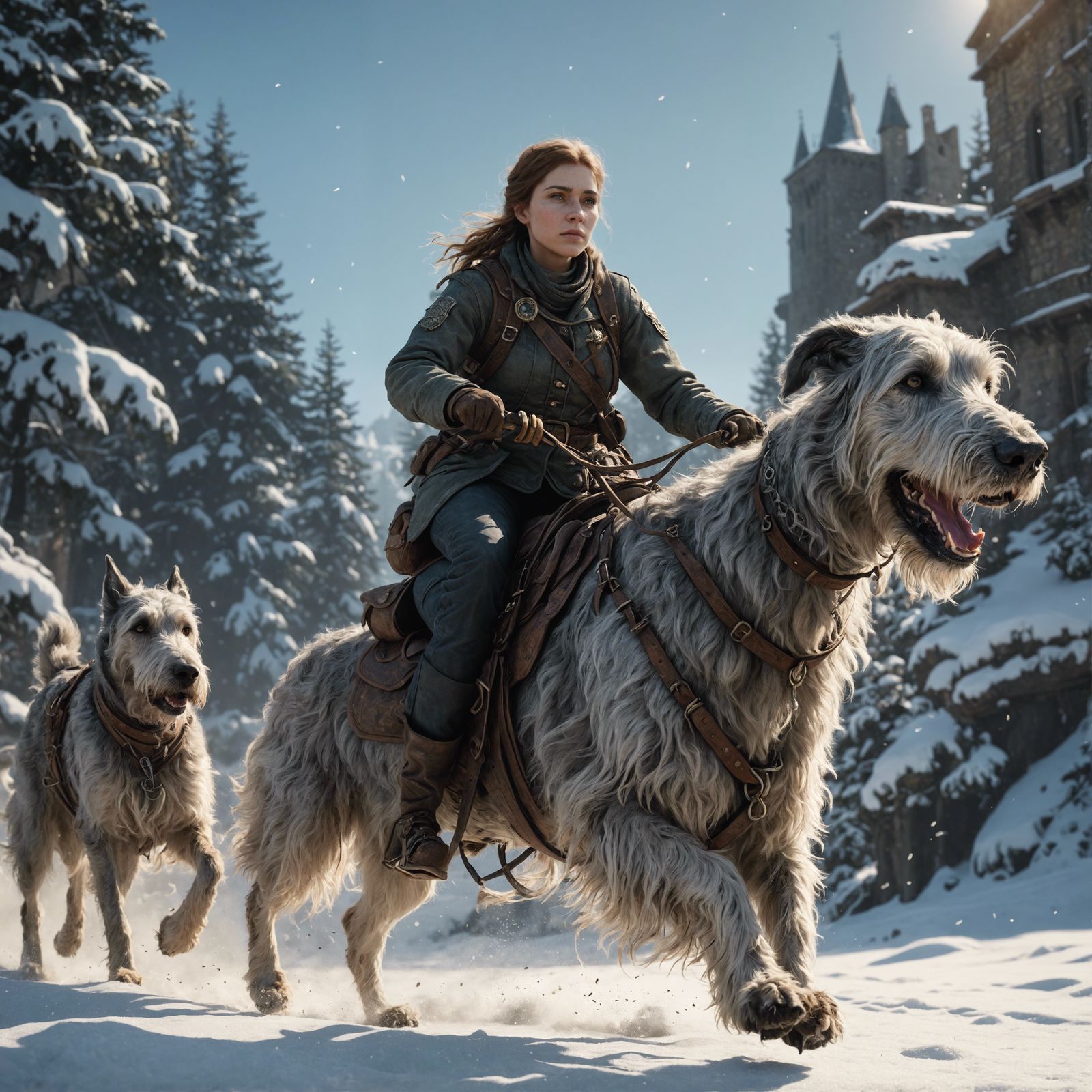 Irish Wolfhound snow riding