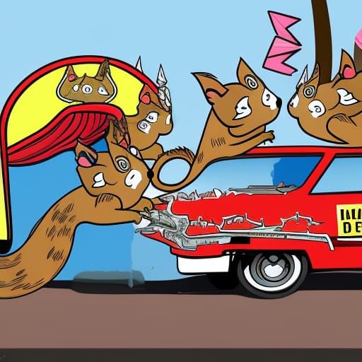 Cartoon Squirrels Pit Crew at Demolition Derby