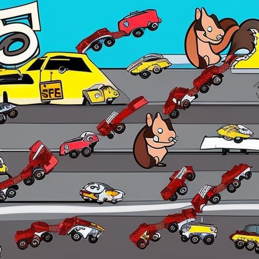 Cartoon Squirrel Pit Crew at Demolition Derby