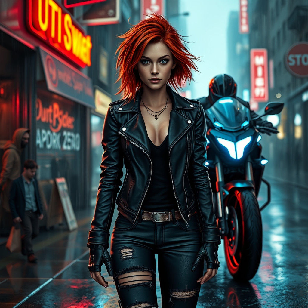 Cyberpunk Protagonist and Cyborg in Dystopian City