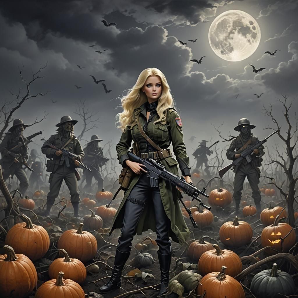 Barbie as Commando Patrolling Pumpkin Patch at Night