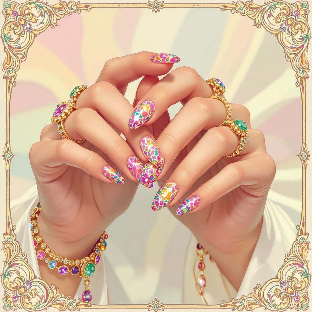 Woman's Hands with Polished Nails in Art Nouveau Style