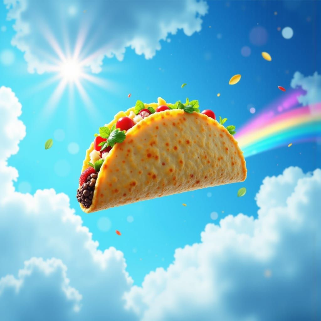 Flying Taco with Rainbow in Surreal Sky