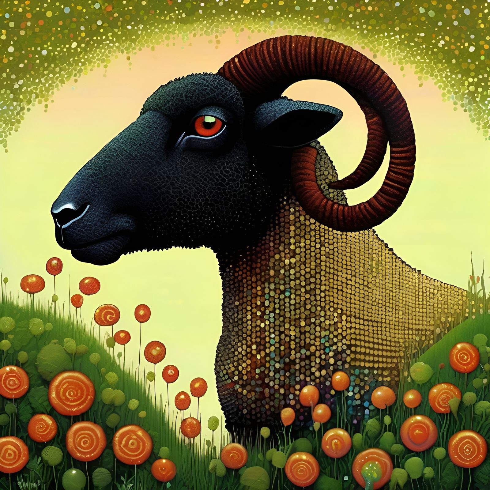 Folk Art Black Sheep in Pointillism Style