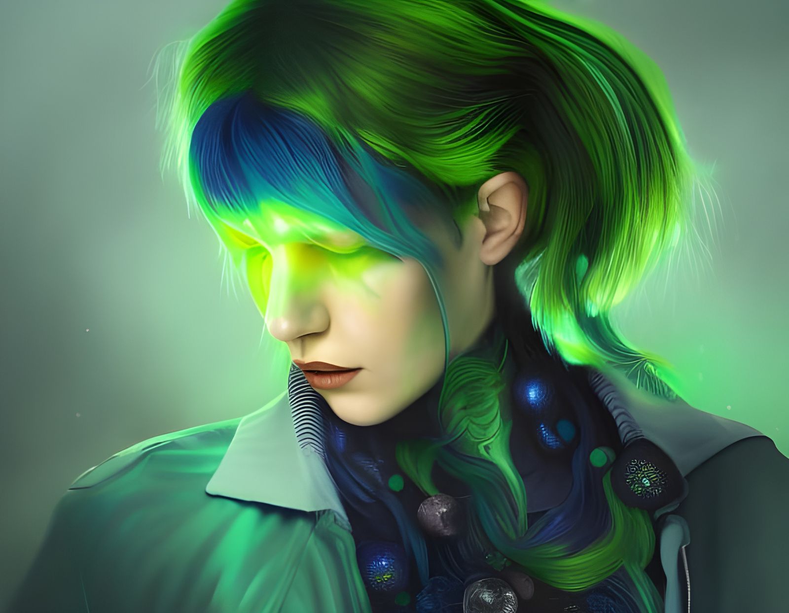 Energetic Green-Haired Character Portrait in Oil Painting St...