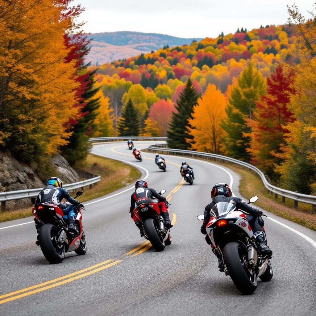 Sport Motorcycles Race Down Winding Autumn Road