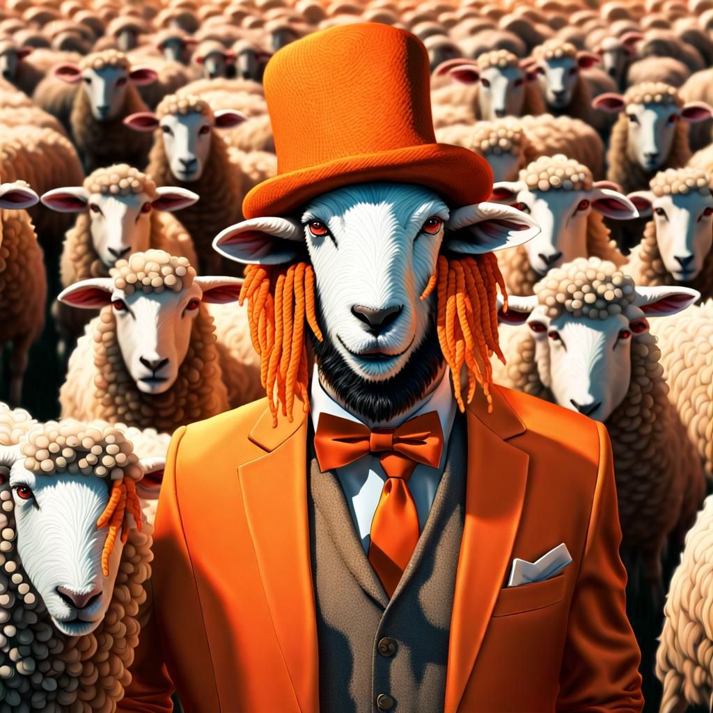Anthropomorphic Sheep in Orange Attire Stands Among Flock