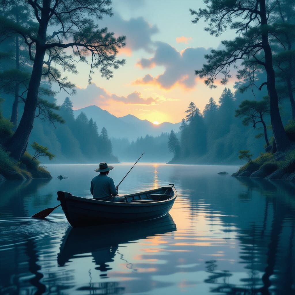 Fisherman on Bioluminescent Lake at Dawn, Mystical Forest