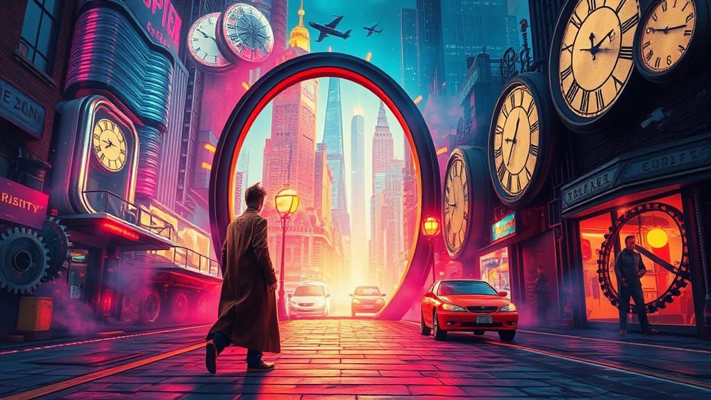 Time Traveler Between Worlds in Surreal Landscape