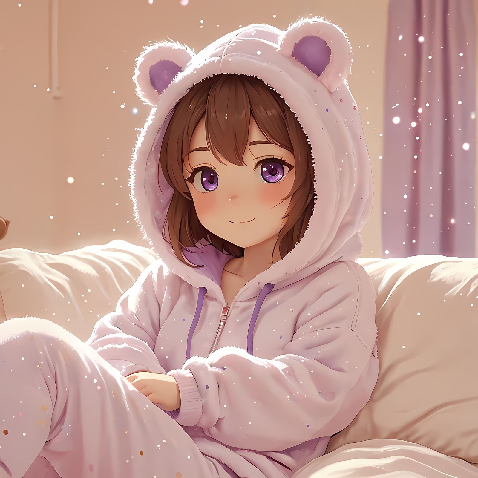 Cozy Anime Girl in Sparkly Pajamas