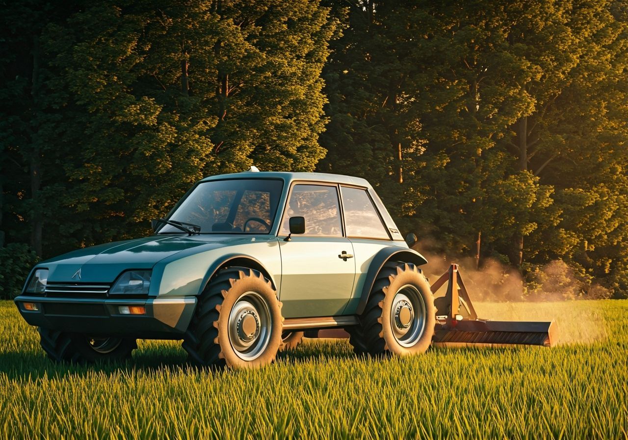Citroën CX Tractor Concept in Field, Cinematic Style