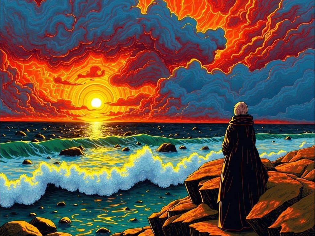 Woman Observes Stormy Sunset: Impasto Style