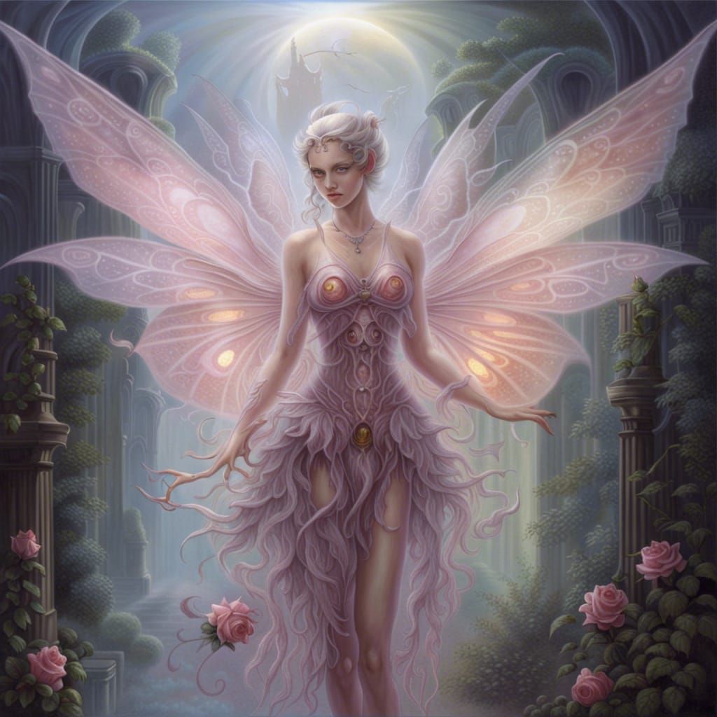 Alchemically Created Rose-Fairy in Biopunk Style