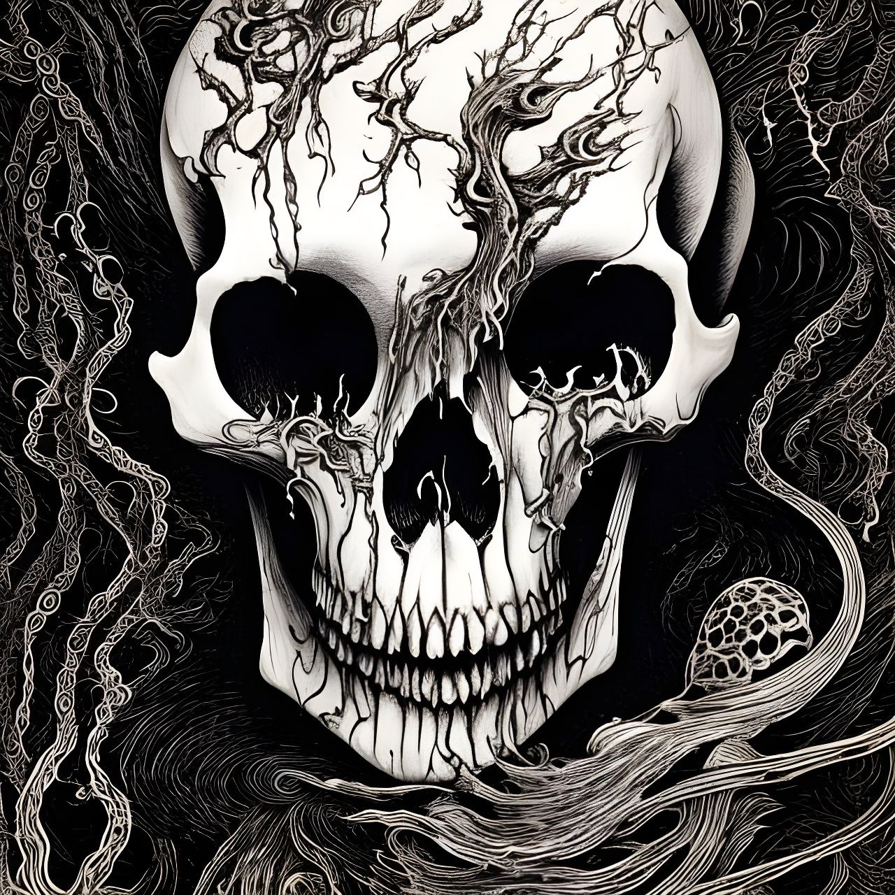 Monochromatic Skull Illustration in Black Ink and Oil