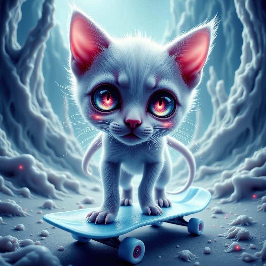 Ethereal Whimsy: Kitten Skates Through Surreal Alien Landsca...