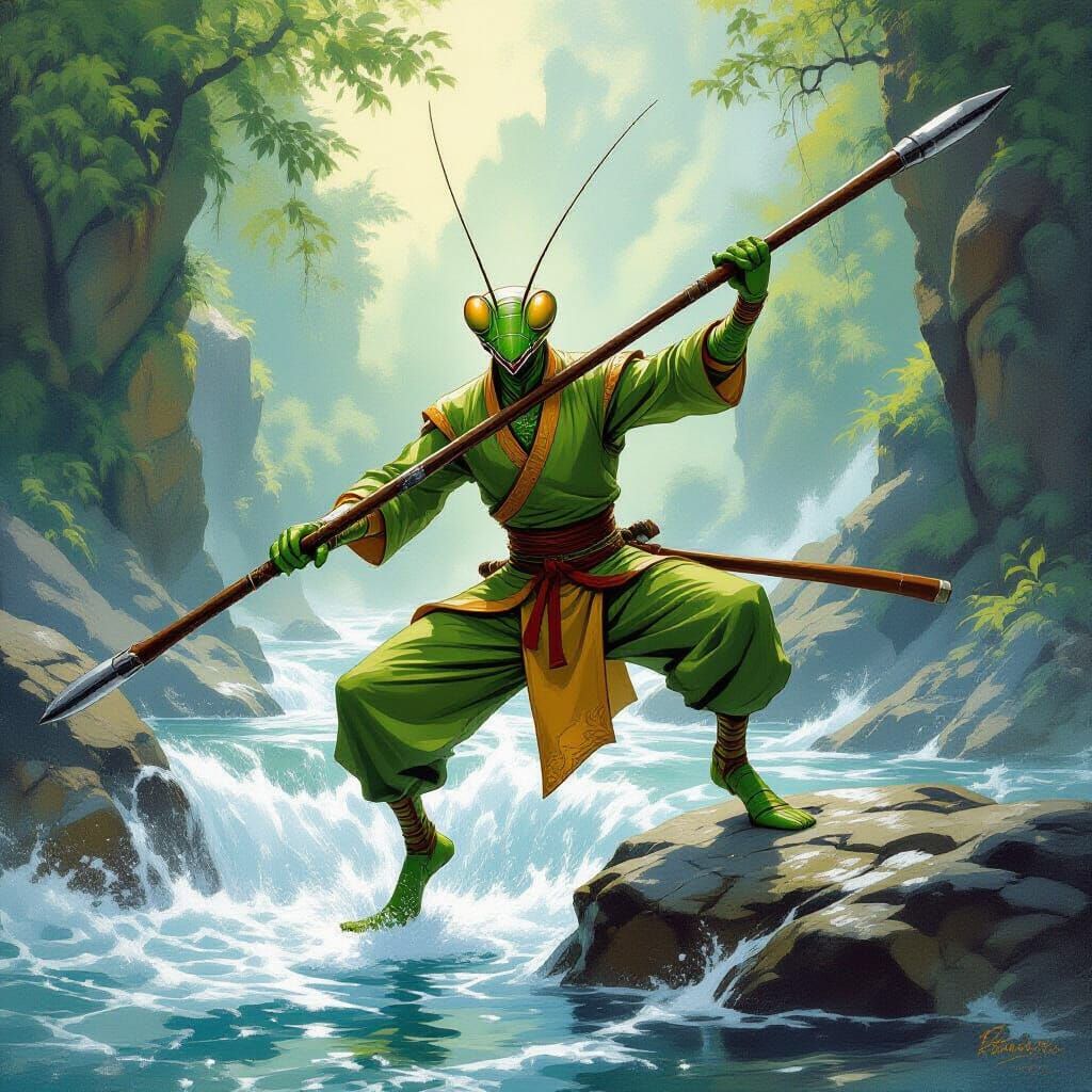 Praying Mantis Martial Artist Practicing Kata