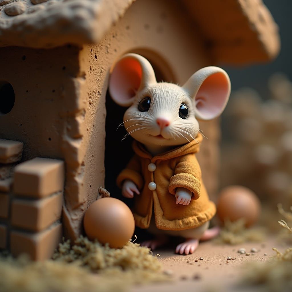 Hyper-Realistic Clay Mouse in Miniature House