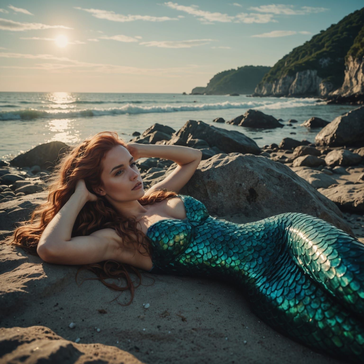 Reclining Mermaid Combing Hair by Sea, Cinematic Still